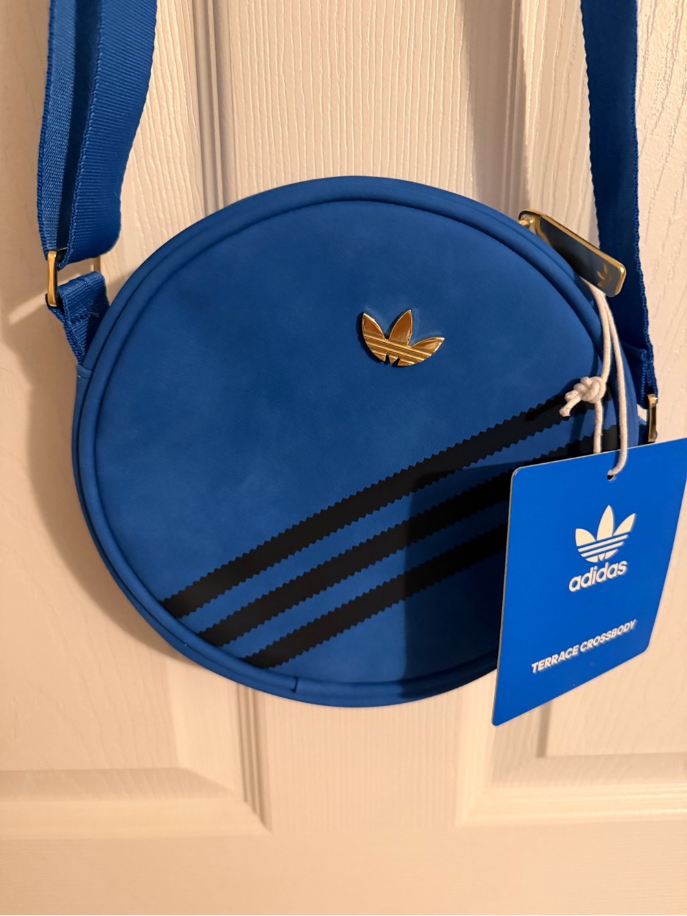adidas Blue Circular Terrace Crossbody with Black Stripes and Gold Trefoil